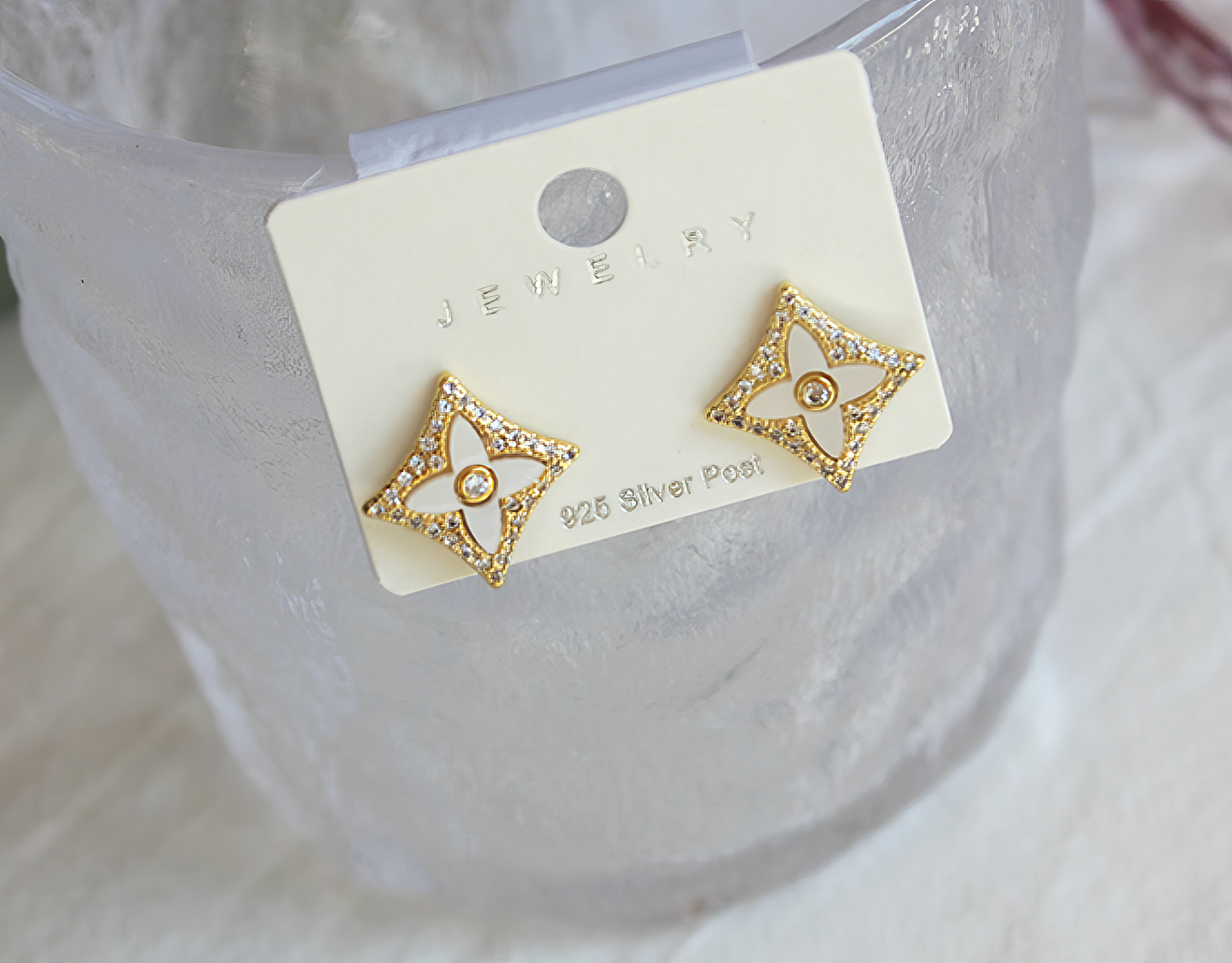 Clover Flower Border of Rhinestones Stud Earrings in Gold and White