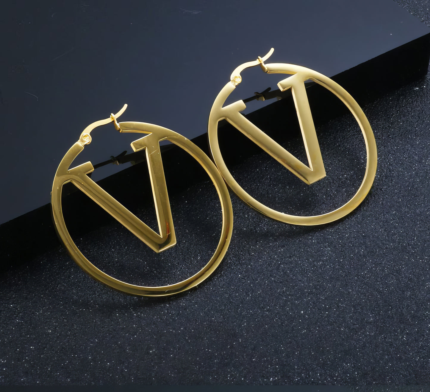 Stainless Steel Letter V-design Pendant Hoop Earrings