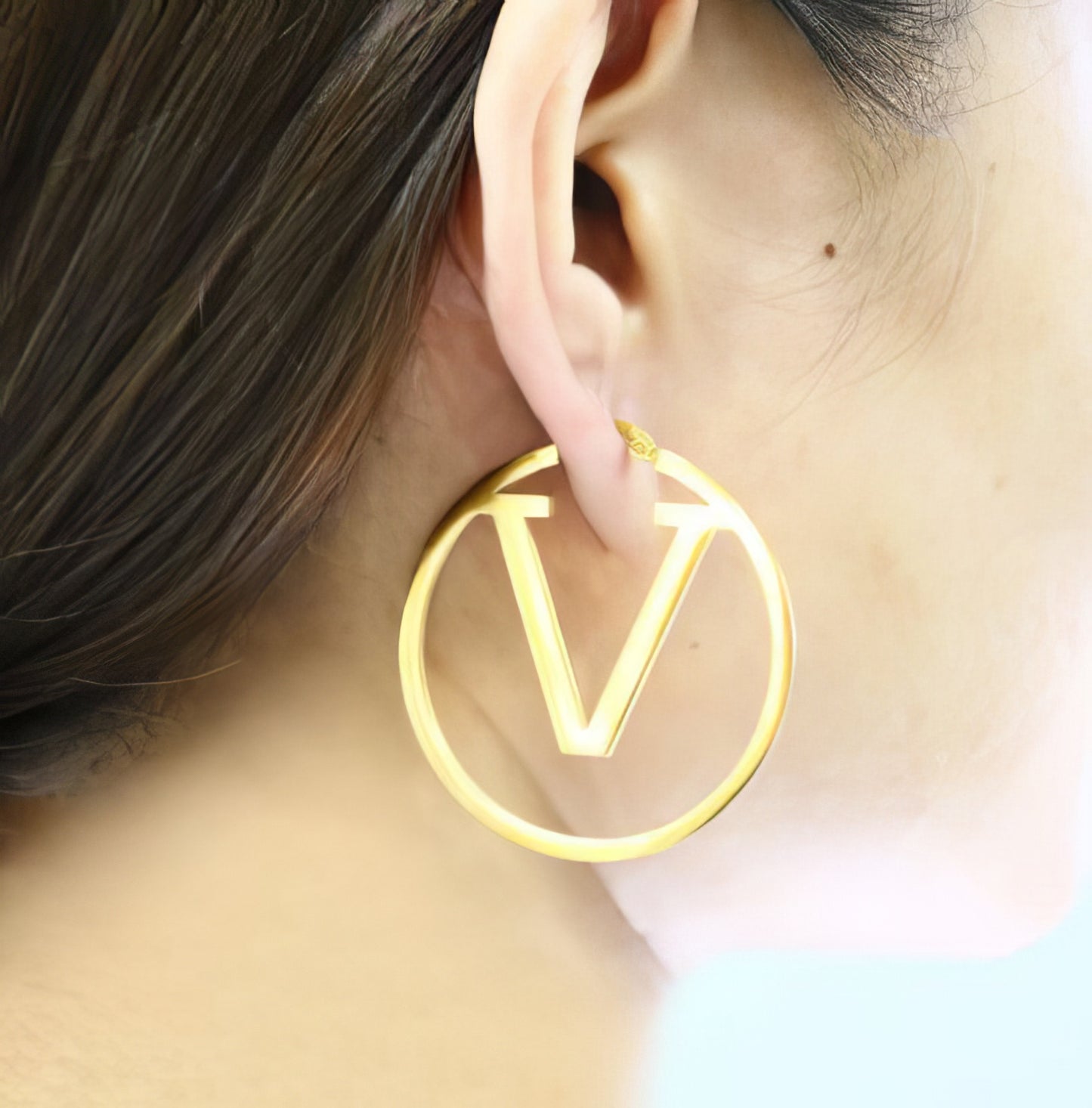 Stainless Steel Letter V-design Pendant Hoop Earrings