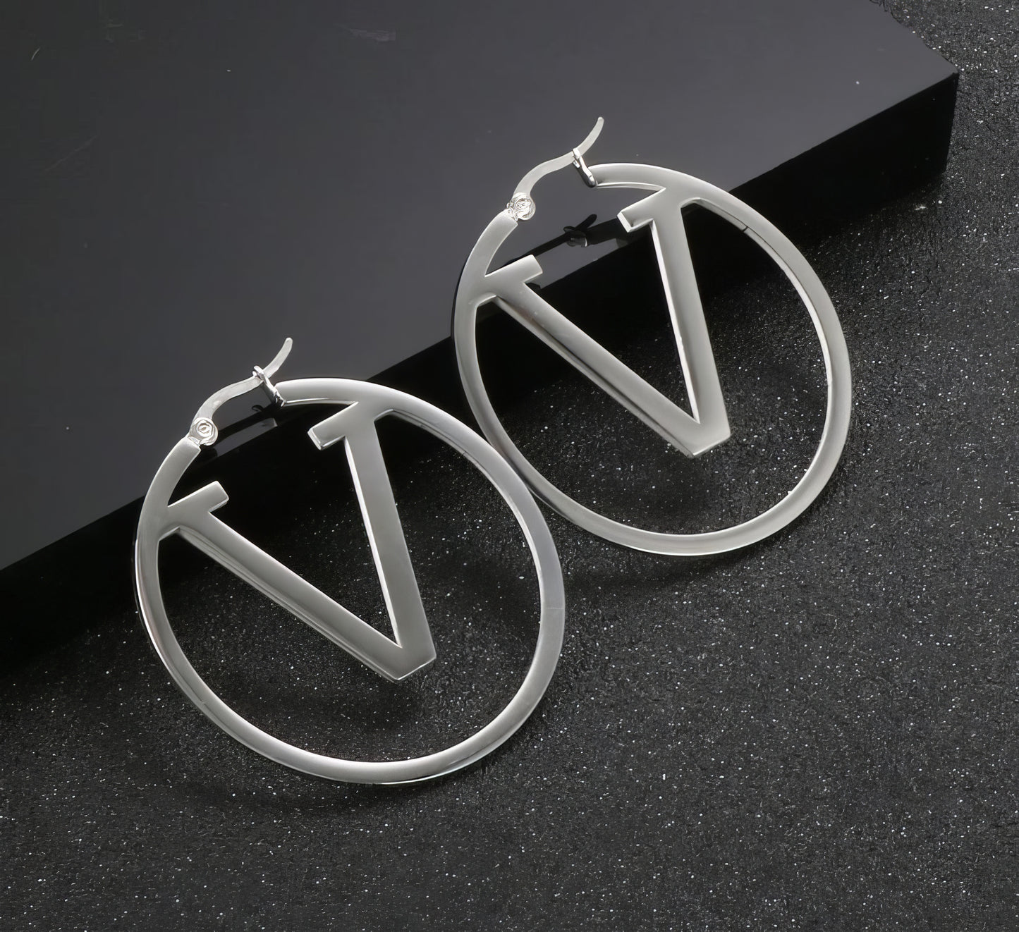 Stainless Steel Letter V-design Pendant Hoop Earrings