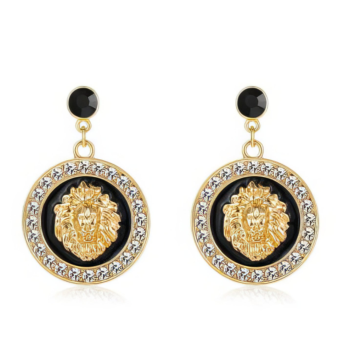 Lions Head Designer Inspired Rhinestone Drop Earrings in Gold and Black