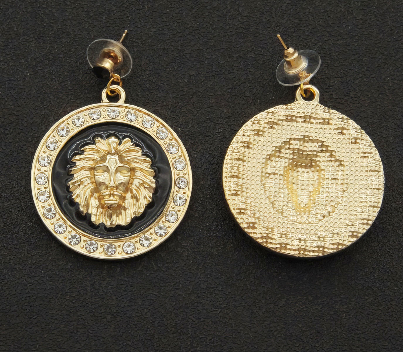 Lions Head Designer Inspired Rhinestone Drop Earrings in Gold and Black