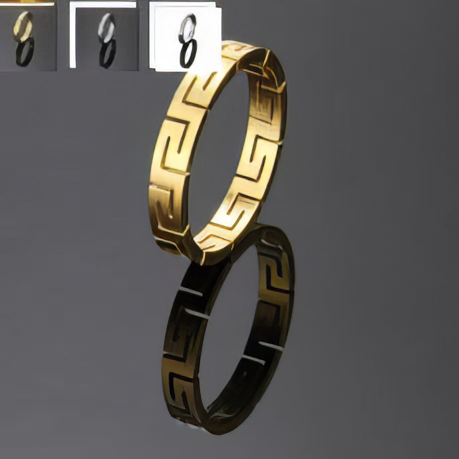Designer inspired Greek Key Pattern Stainless Steel Ring in Gold Sizes 6 7 8 9