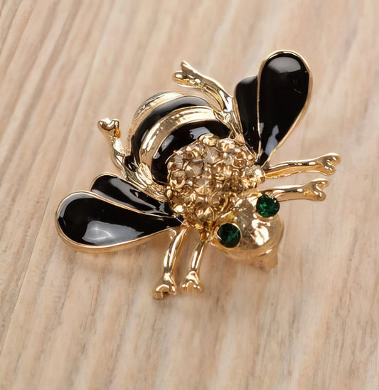 Designer Inspired Bee Crystal Rhinestone Pin in Black and Green