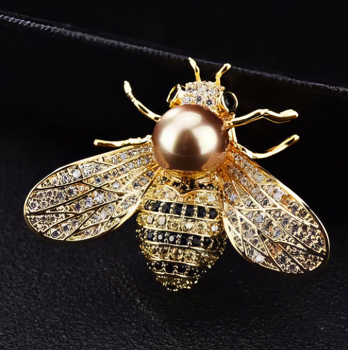 Design Pearl Bee Rhinestone Pin with Black Crystal Accents