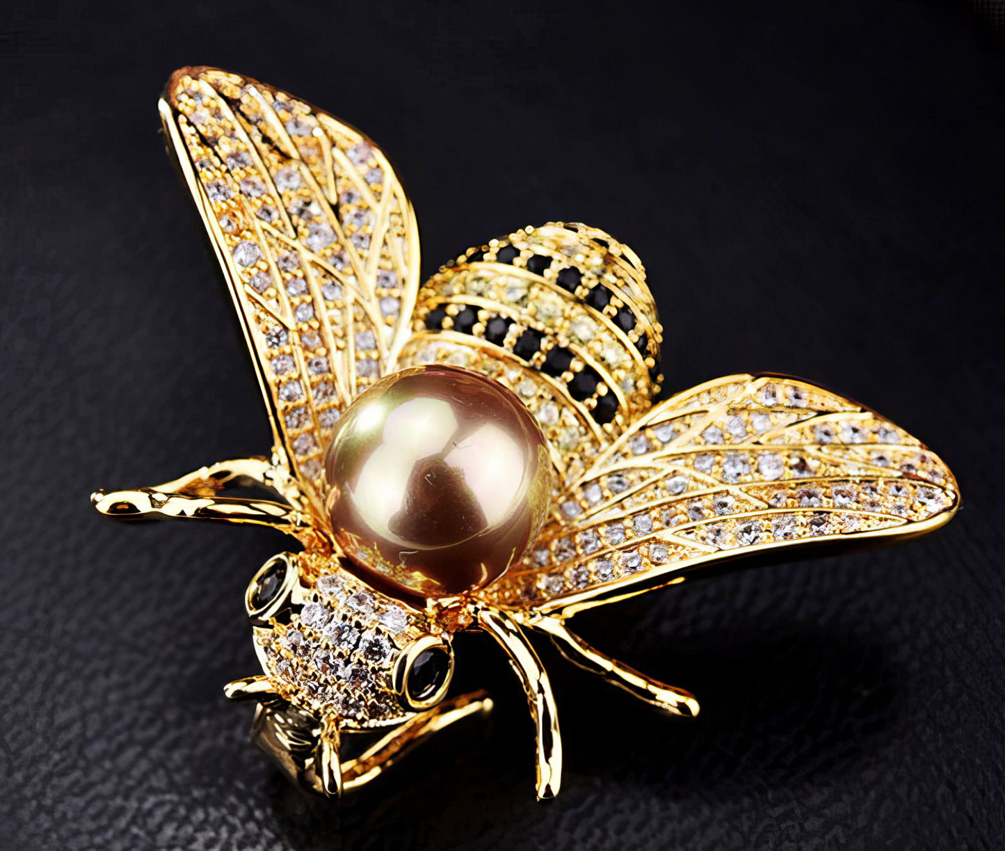 Design Pearl Bee Rhinestone Pin with Black Crystal Accents