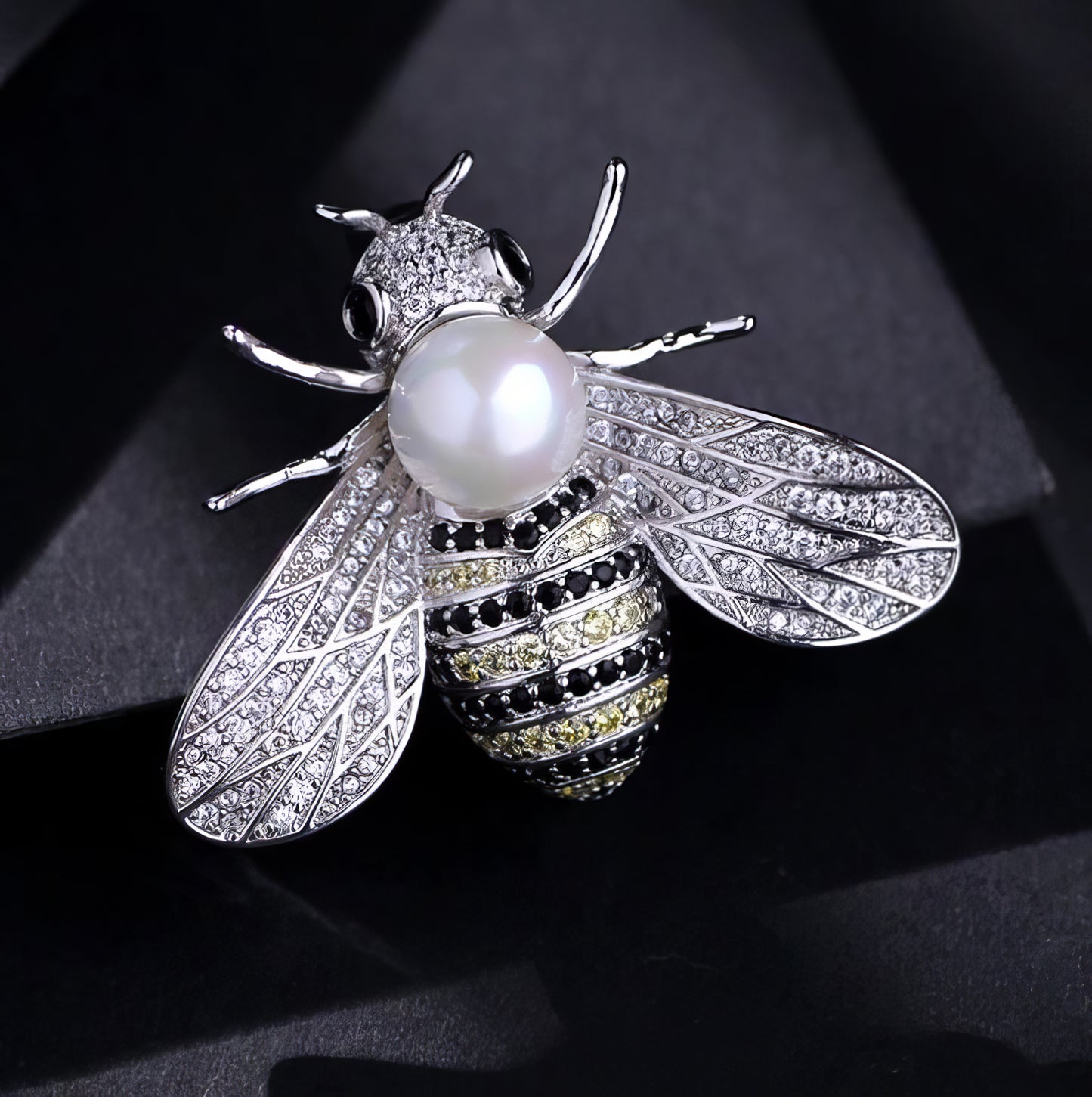 Design Pearl Bee Rhinestone Pin with Black Crystal Accents