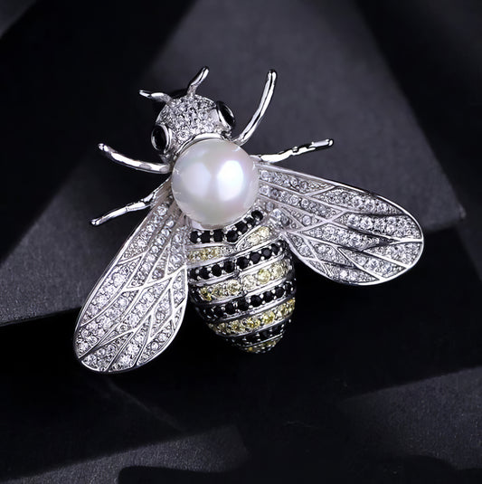 Design Pearl Bee Rhinestone Pin with Black Crystal Accents