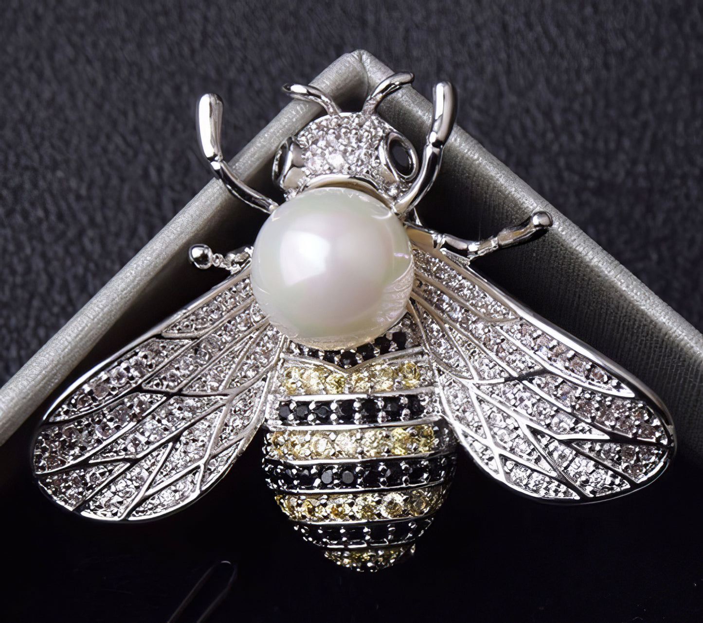 Design Pearl Bee Rhinestone Pin with Black Crystal Accents