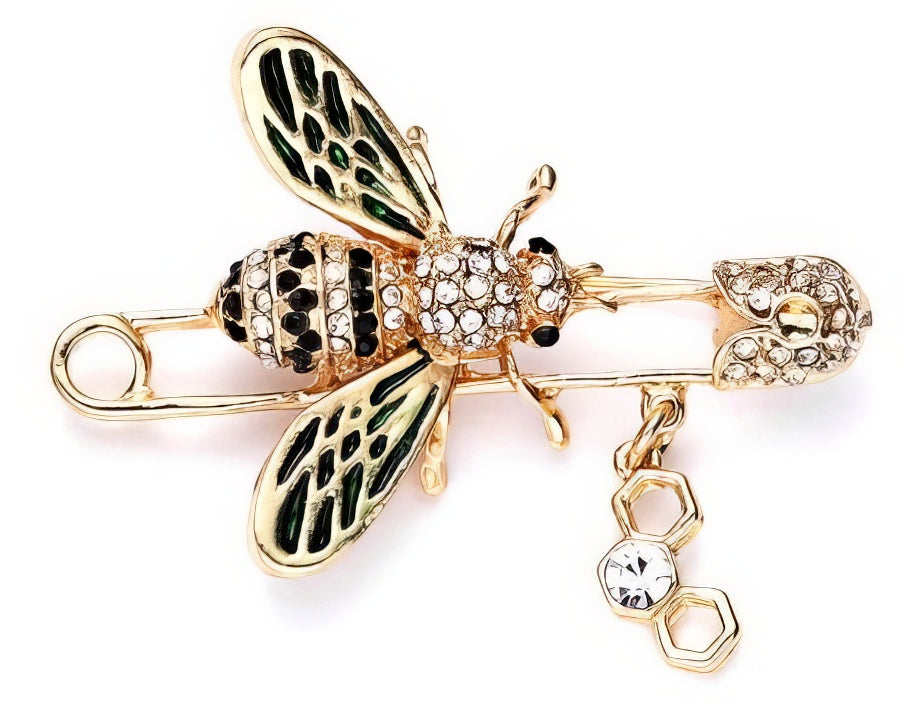 Rhinestone Bee and Honeycomb Brooch in Gold