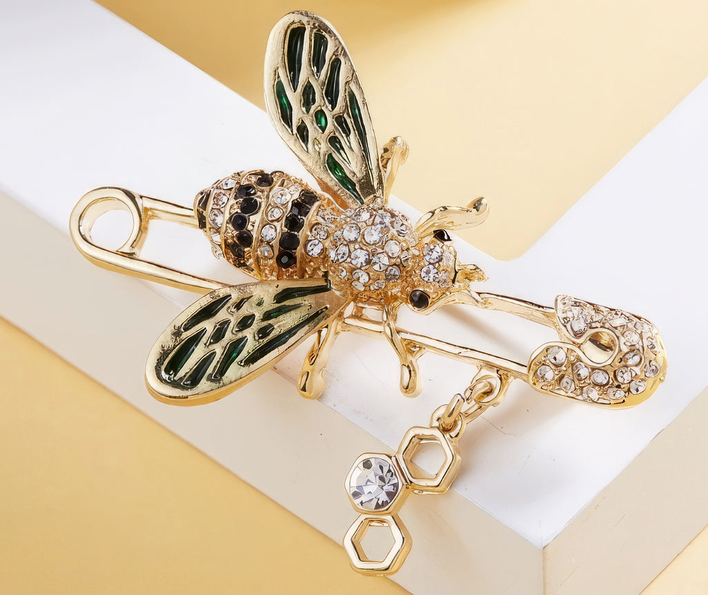 Rhinestone Bee and Honeycomb Brooch in Gold