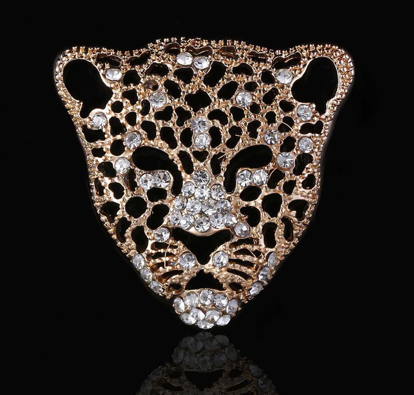 Leopard Head Rhinestone Brooch  in Gold and Black