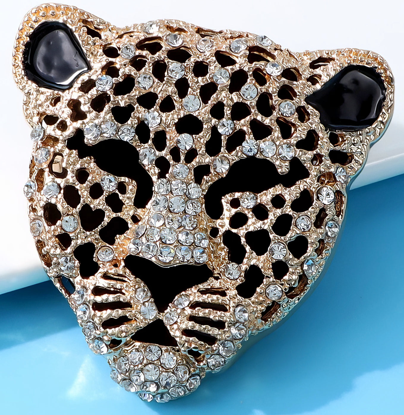 Leopard Head Rhinestone Brooch  in Gold and Black