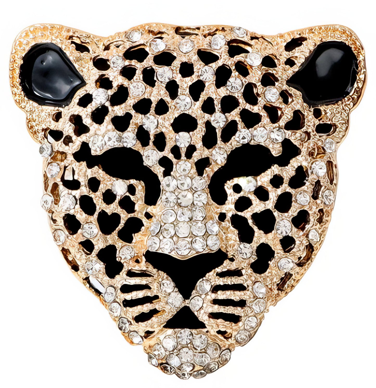 Leopard Head Rhinestone Brooch  in Gold and Black