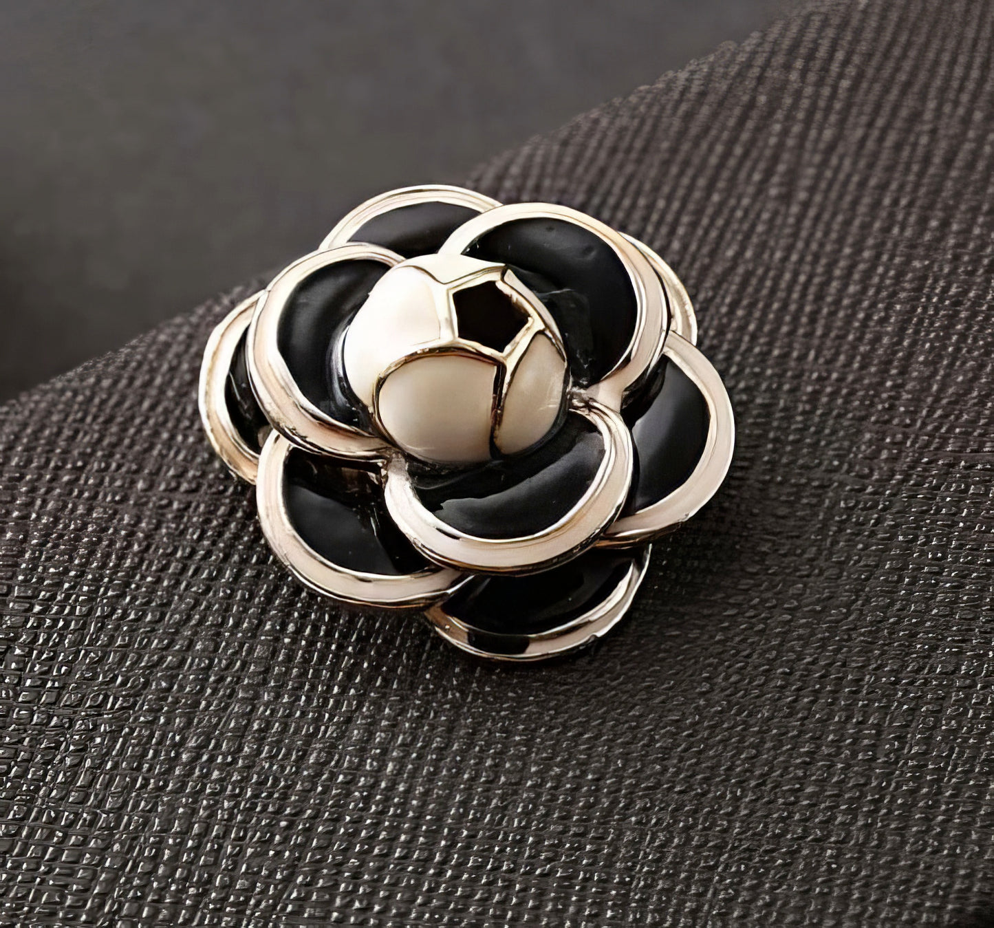 Gold Camellia Flower Brooch Pin in Black and White