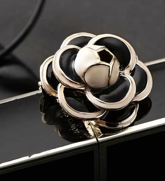 Gold Camellia Flower Brooch Pin in Black and White