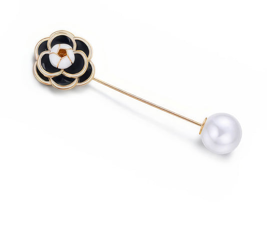 Gold Camellia Flower Brooch Pearl Hat Pin in Black and White