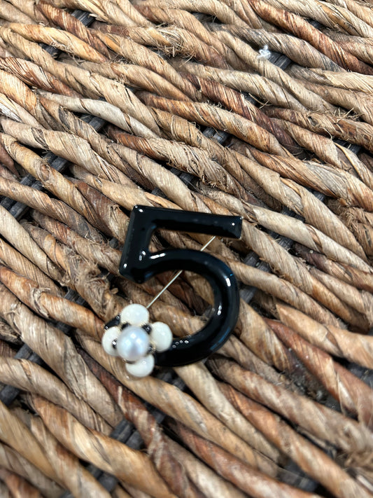 Enamel No 5 Pearl Brooch in Black and White