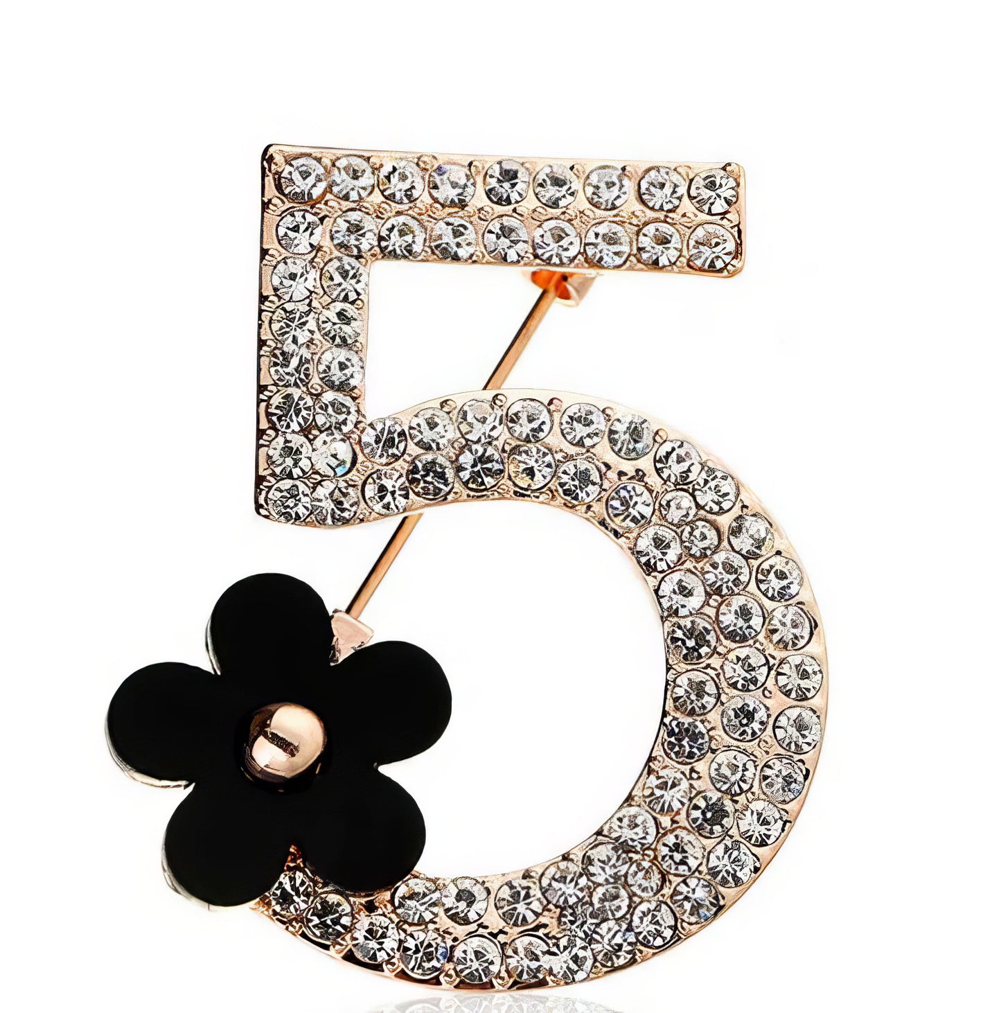 Number 5 Crystal Rhinestone Flower Brooch Pin