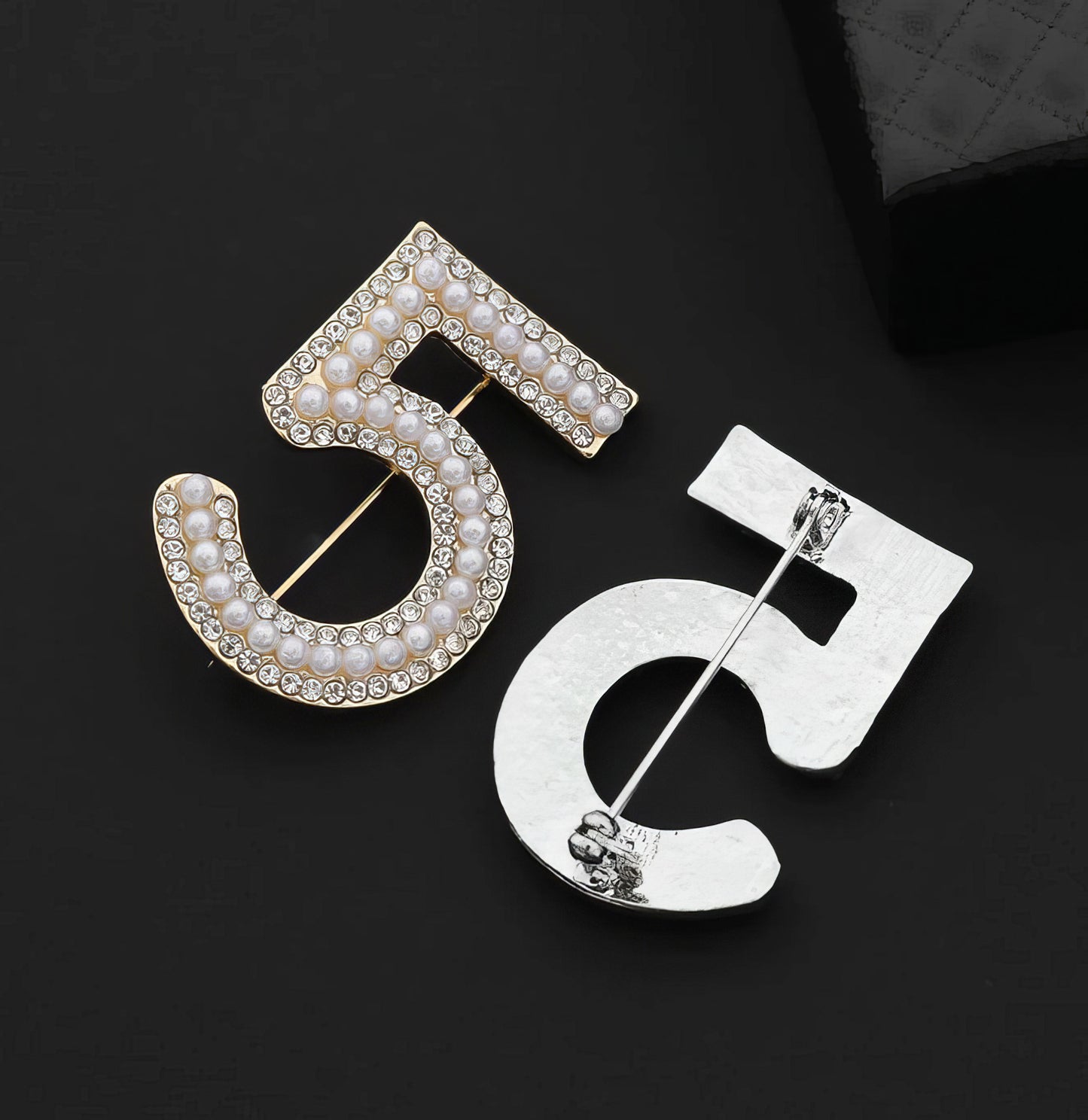 Number 5 Pearl & Crystal Rhinestone Brooch Pin