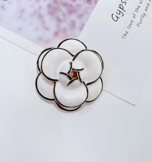 Camellia Flower Brooch Pin in White Gold and Black