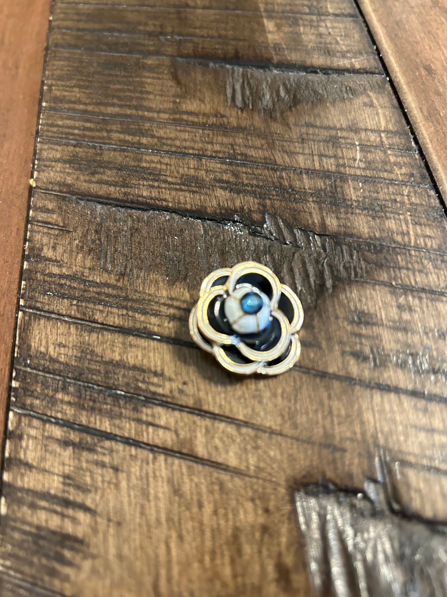 Camellia Flower Blue Stone Brooch Pin in Black