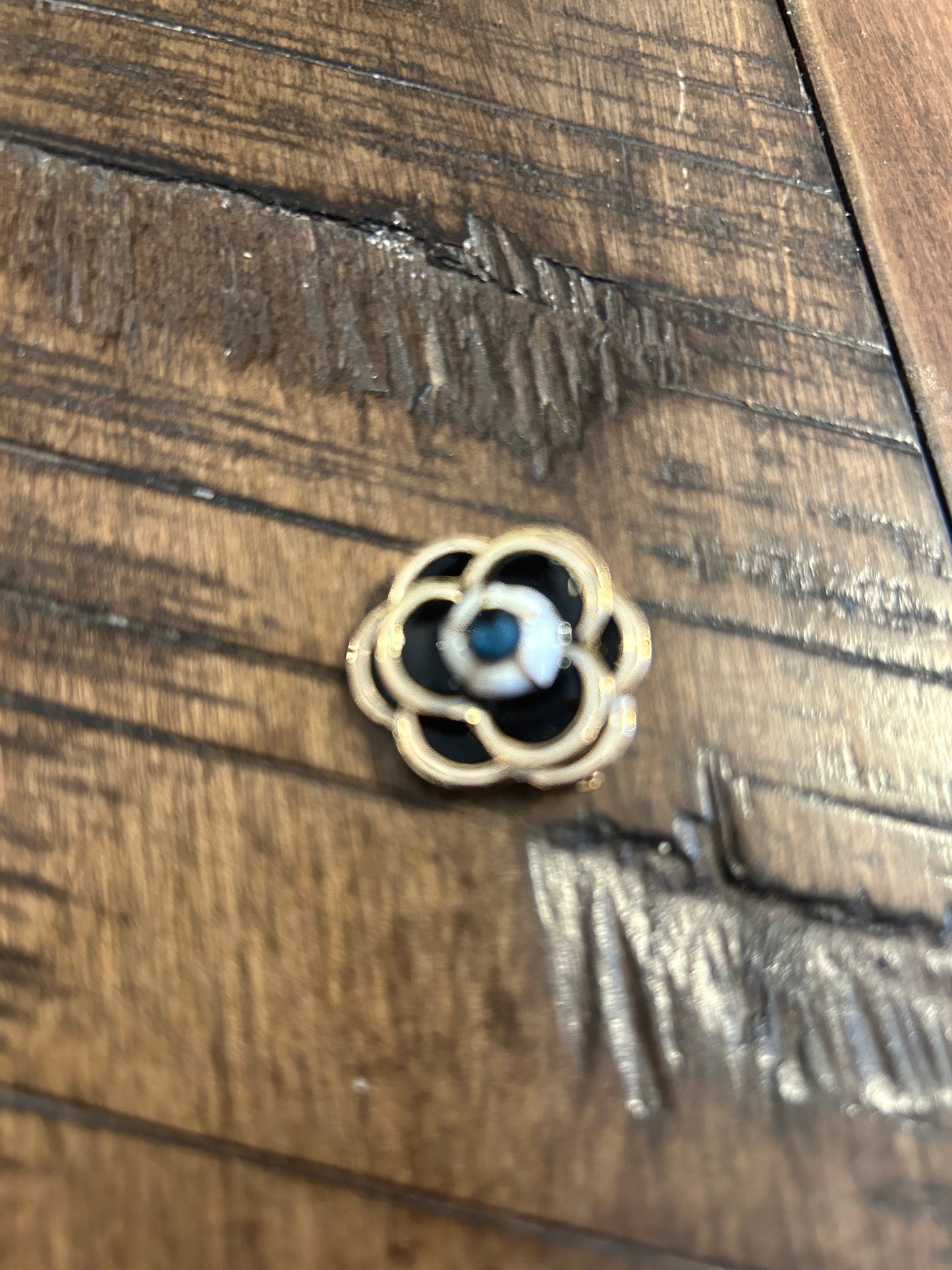 Camellia Flower Blue Stone Brooch Pin in Black