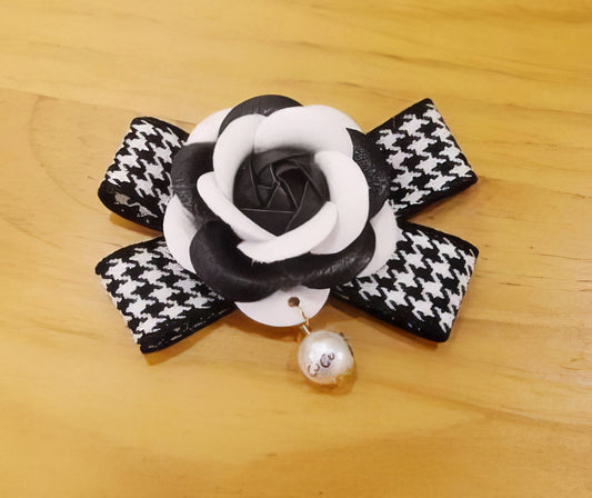 Herringbone Fabric Pearl Camellia Flower Bow Brooch Pin