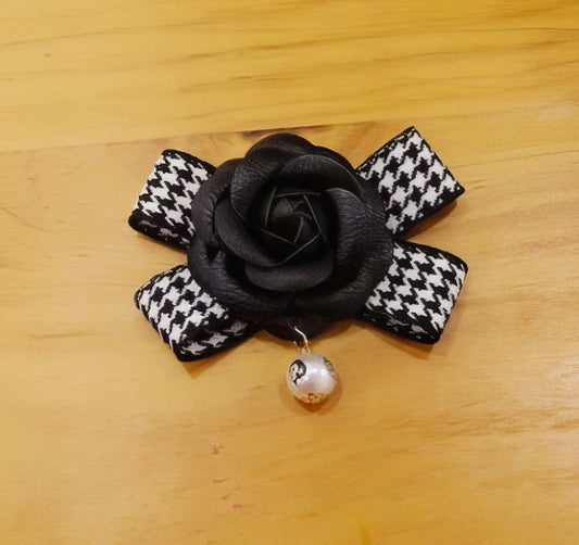 Herringbone Fabric Pearl Camellia Flower Bow Brooch Pin