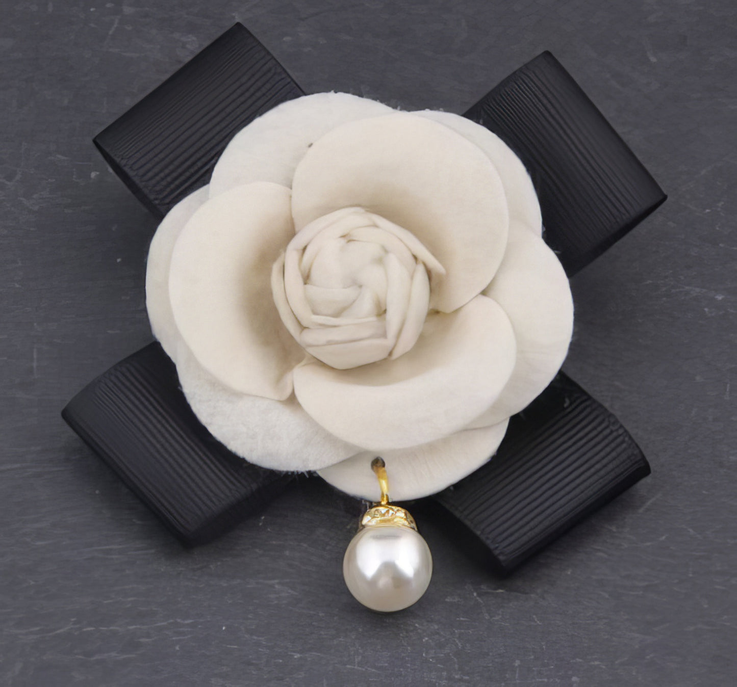 Black Ribbon Pearl Camellia Flower Bow Brooch Pin in White with Black Bow