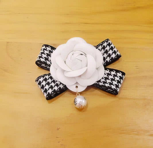 Herringbone Fabric Pearl Camellia Flower Bow Brooch Pin