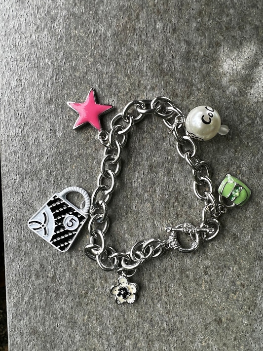 Five Charm Chain Bracelets in Multi and Silver Charms vary