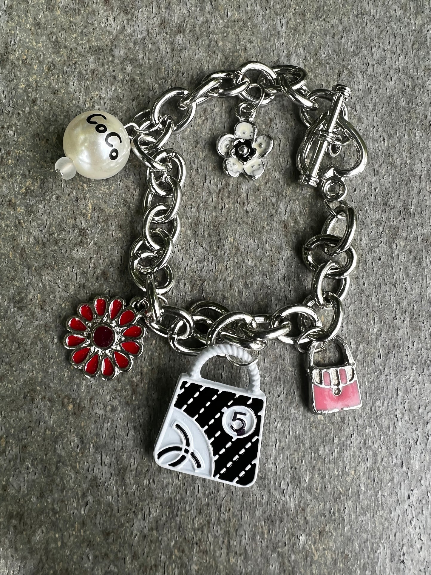 Five Charm Chain Bracelets in Multi and Silver Charms vary