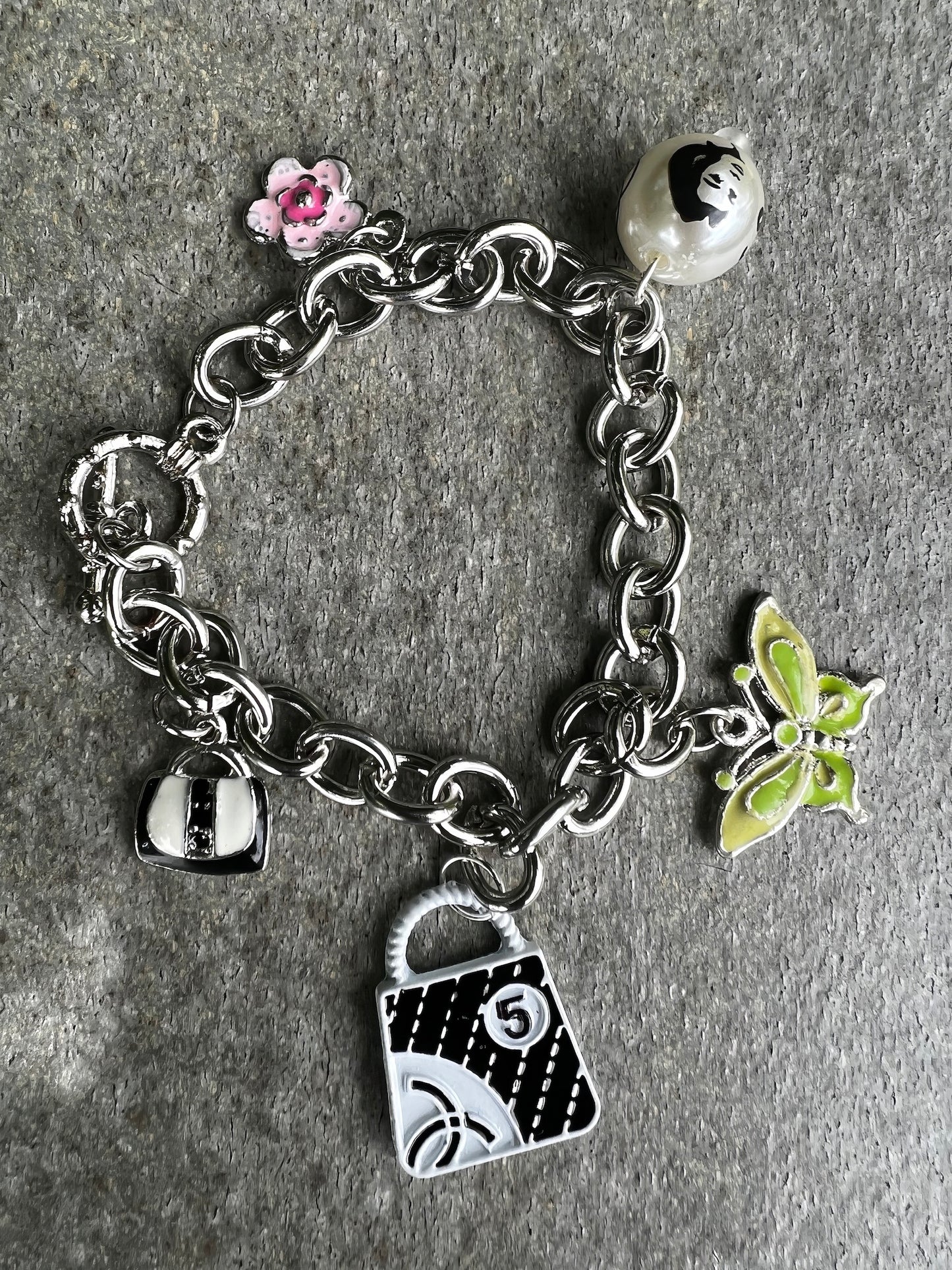 Five Charm Chain Bracelets in Multi and Silver Charms vary