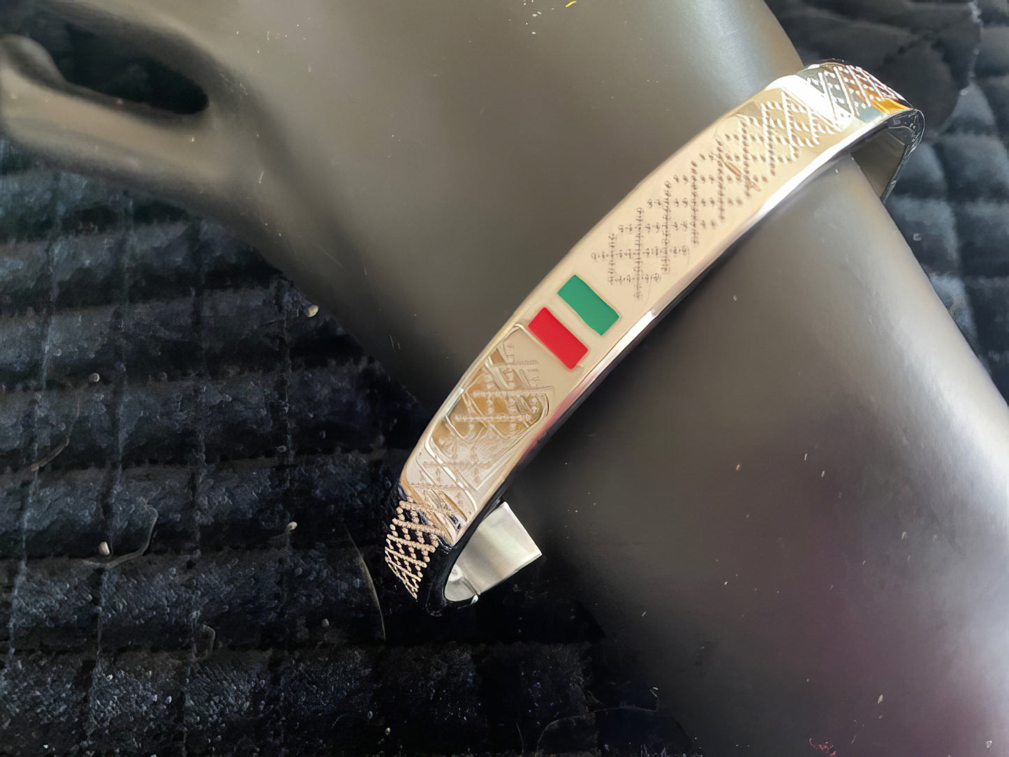 Stainless Steel Cuff Bracelet in Silver with Green and Red Stripe Accents