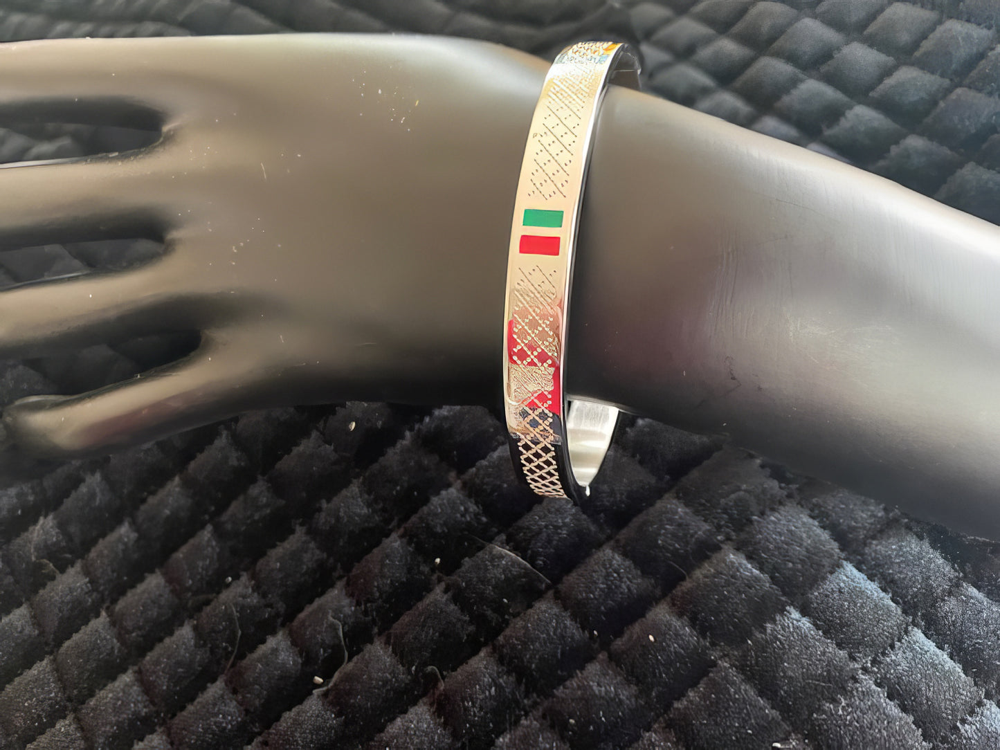 Stainless Steel Cuff Bracelet in Silver with Green and Red Stripe Accents