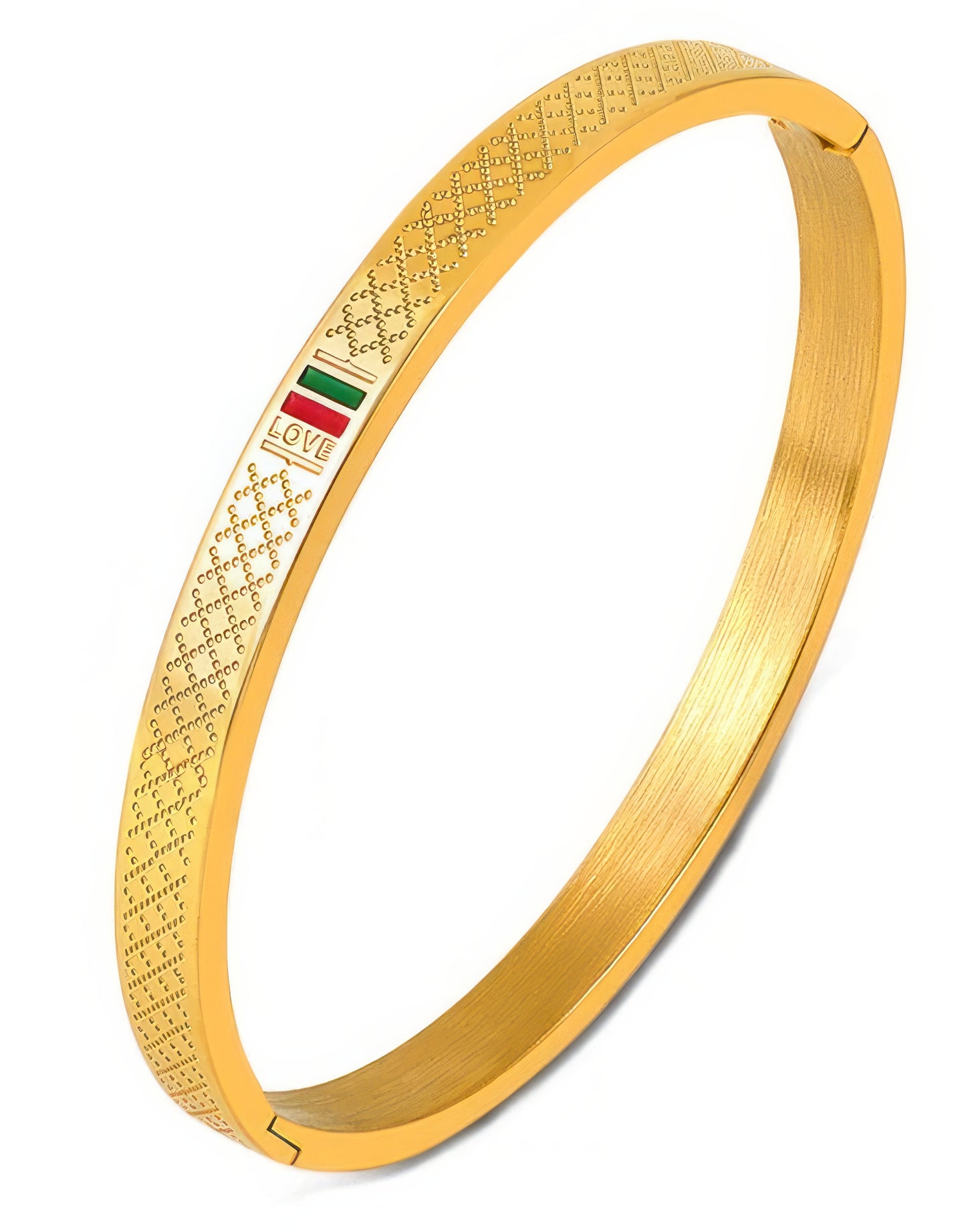 Stainless Steel Cuff Bracelet in Gold with Green and Red Stripe Accents