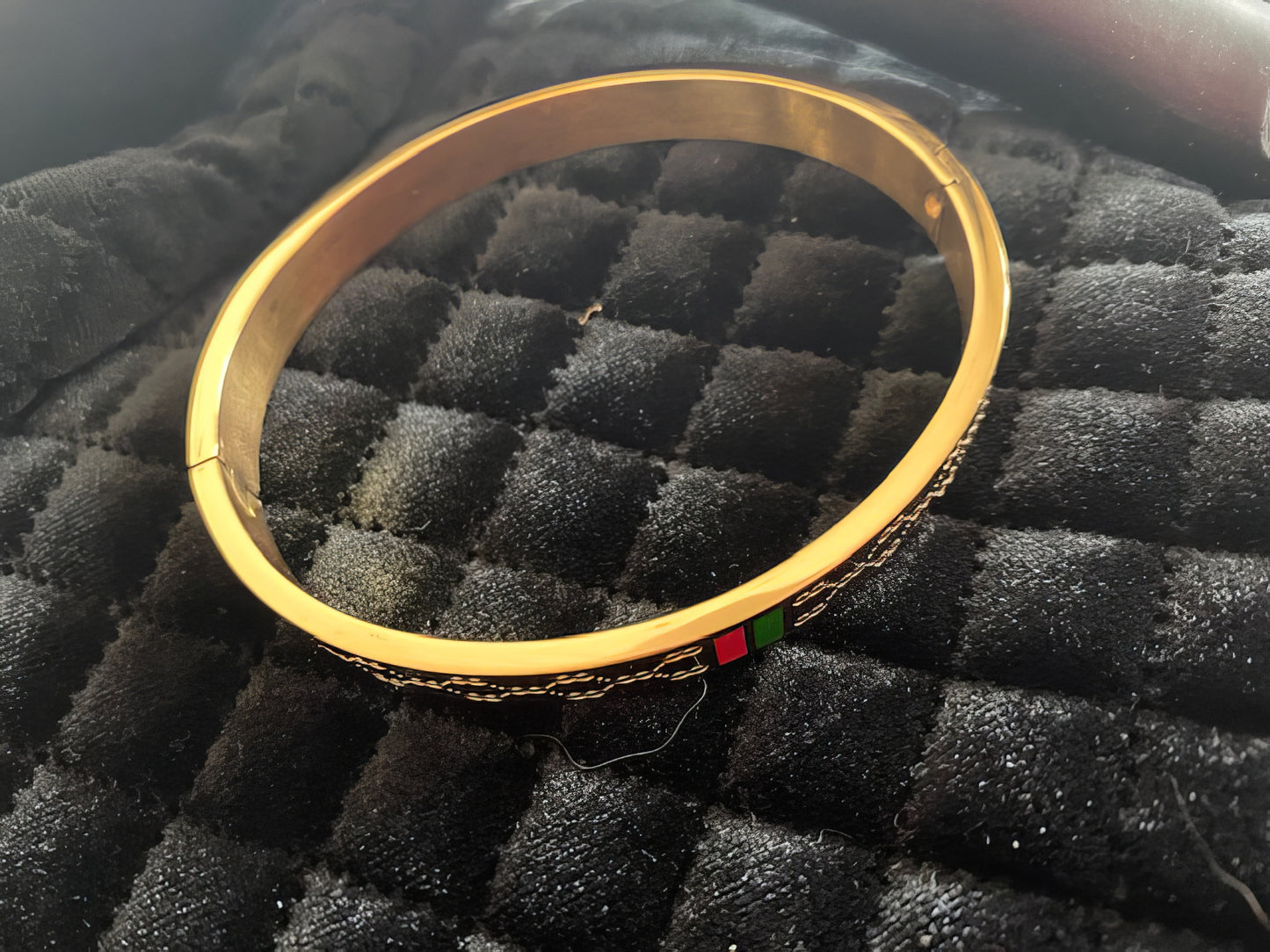 Stainless Steel Cuff Bracelet in Gold with Green and Red Stripe Accents