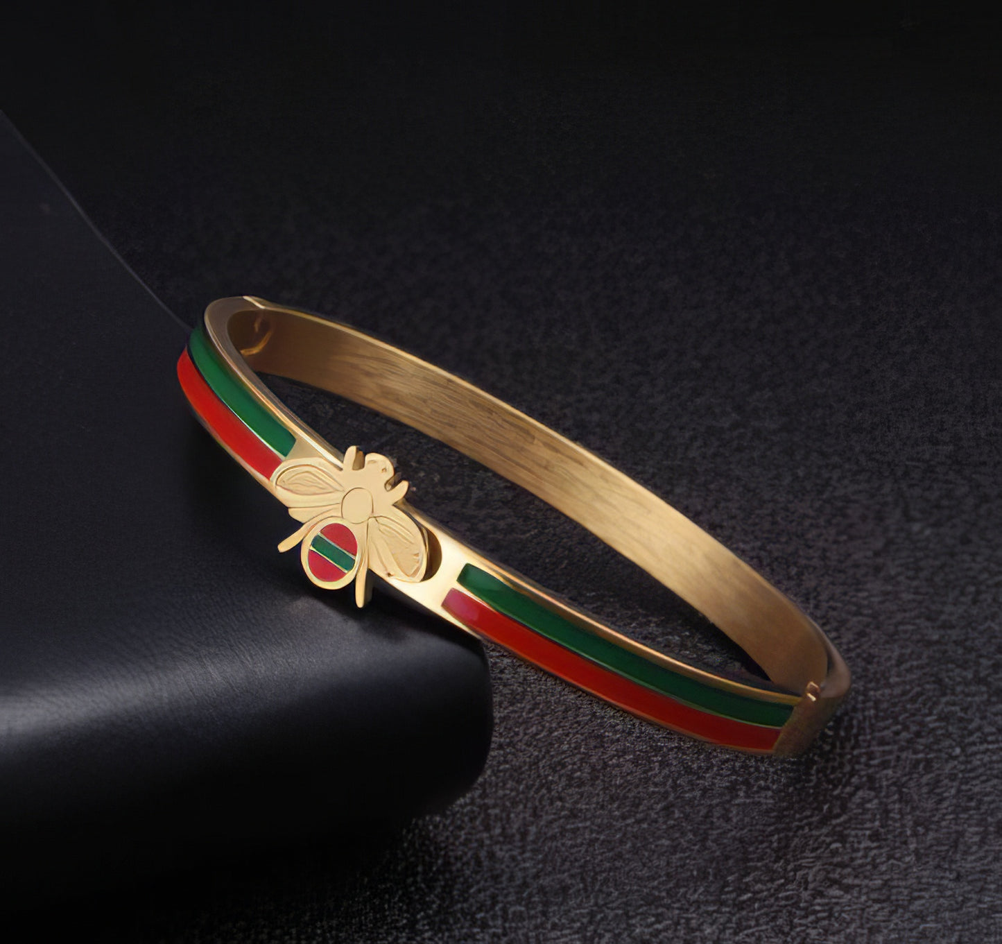 Stainless Steel Gold Plated Bee Cuff in Gold with Green and Red Stripe Accents