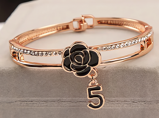 Camellia Flower Crystal Bangle Bracelet in Rose Gold