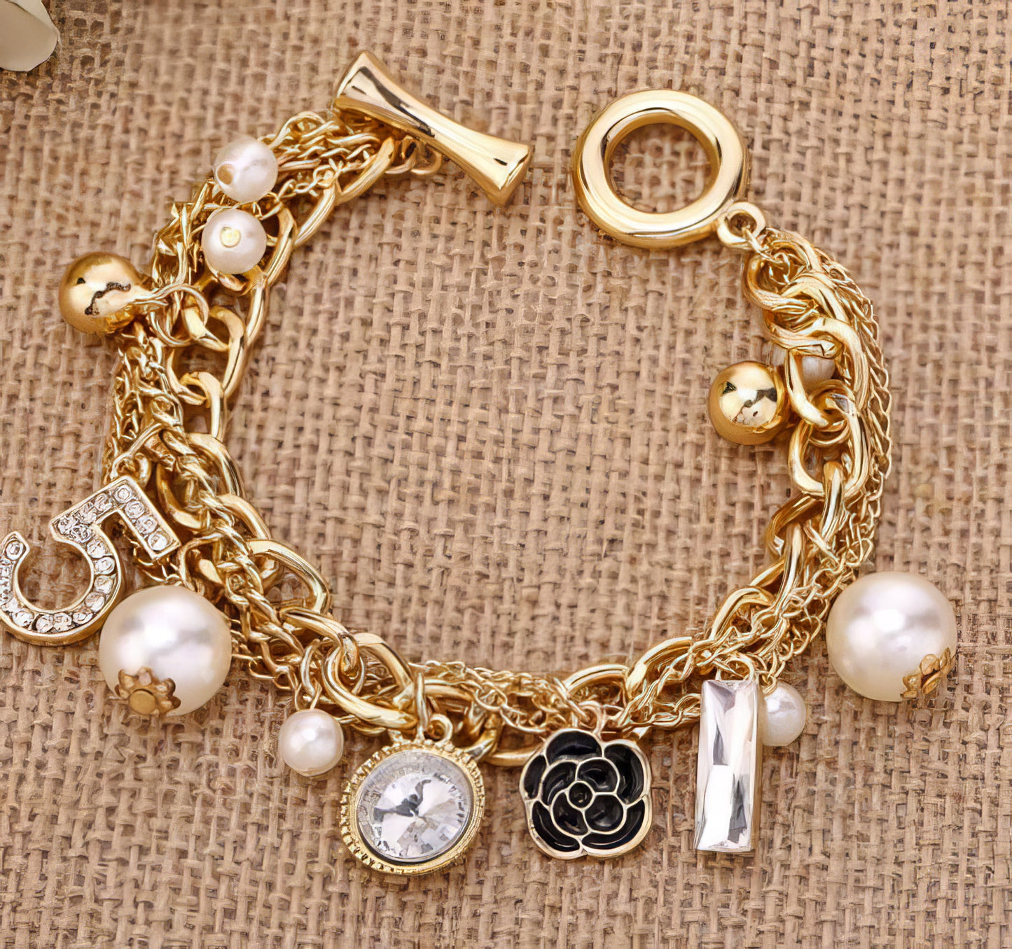 Multi Chain Pearl Charm Bracelet  with Camellia Crystal Number 5 Charms