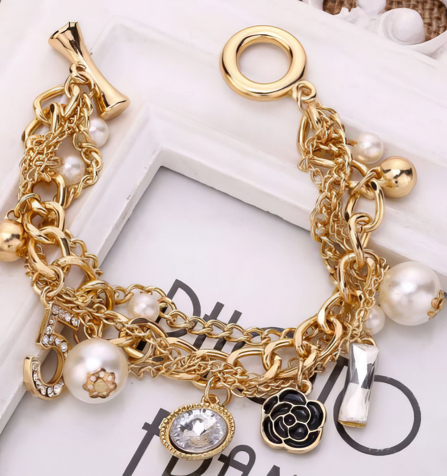 Multi Chain Pearl Charm Bracelet  with Camellia Crystal Number 5 Charms