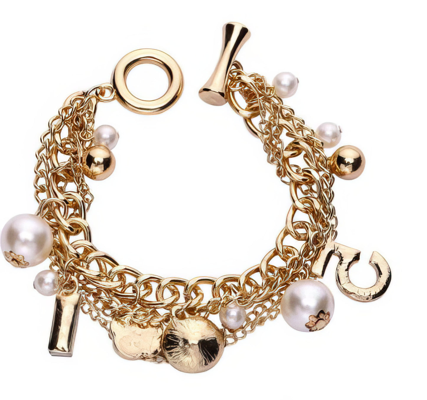 Multi Chain Pearl Charm Bracelet  with Camellia Crystal Number 5 Charms