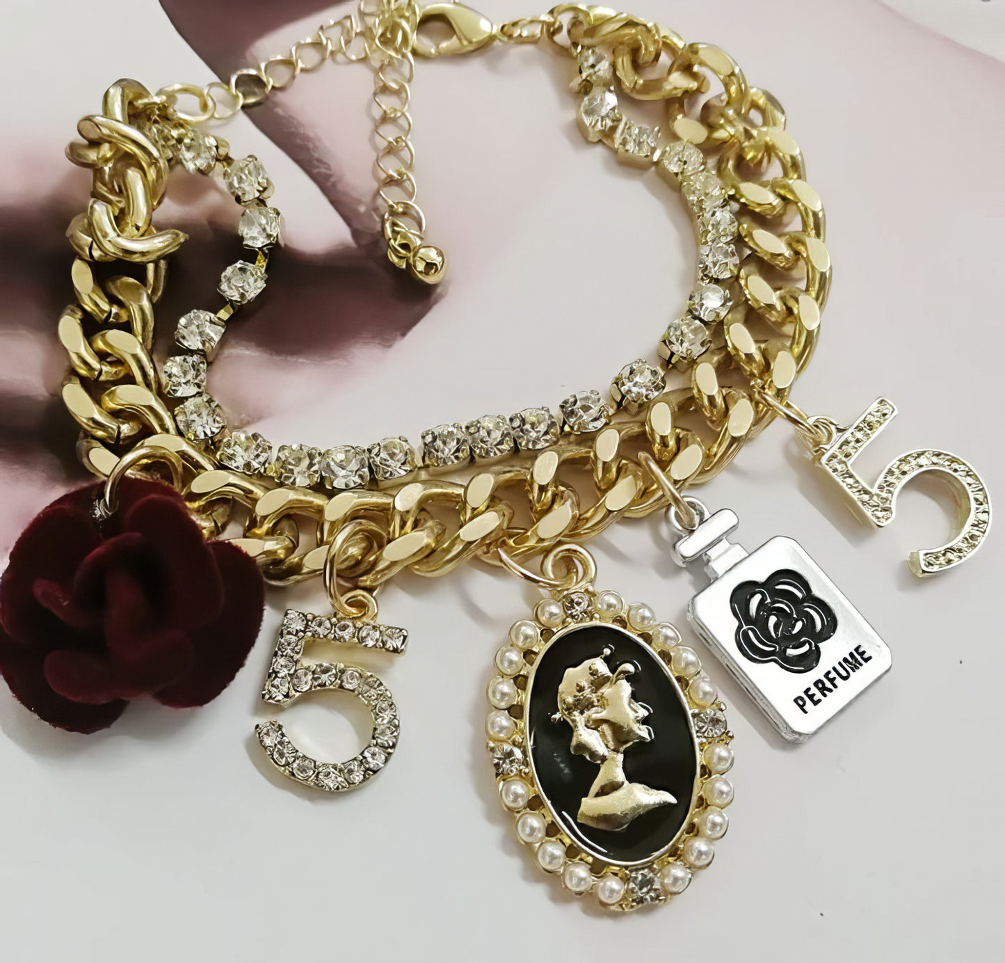 Multi Chain Crystal Five Charm Chain Bracelet, Cameo, Camellia, No 5, Rose in Gold