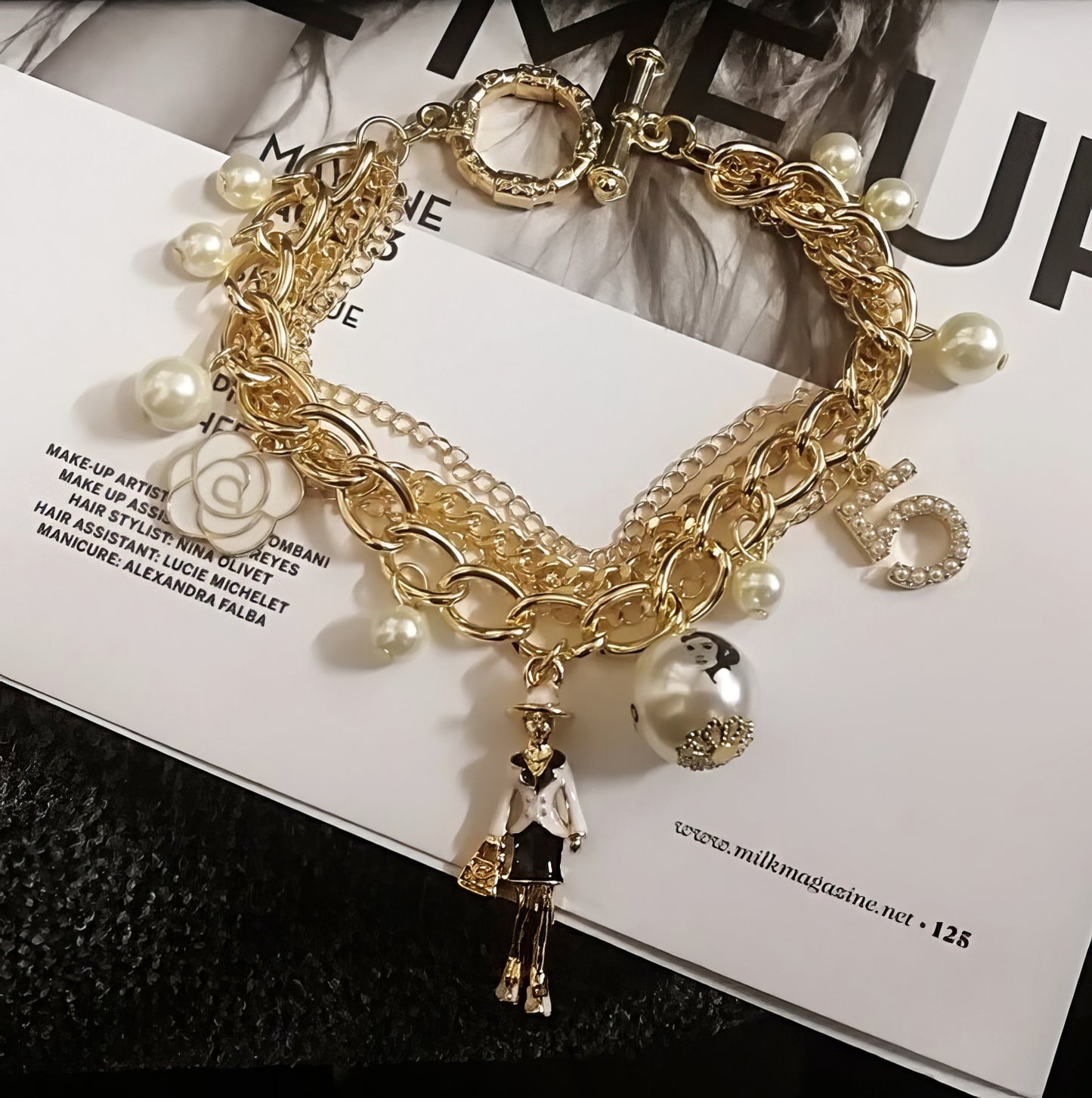 Multi Chain Crystal Five Charm Chain Bracelet, Lady, Camellia, Dangle Pearl, Number 5 in Gold