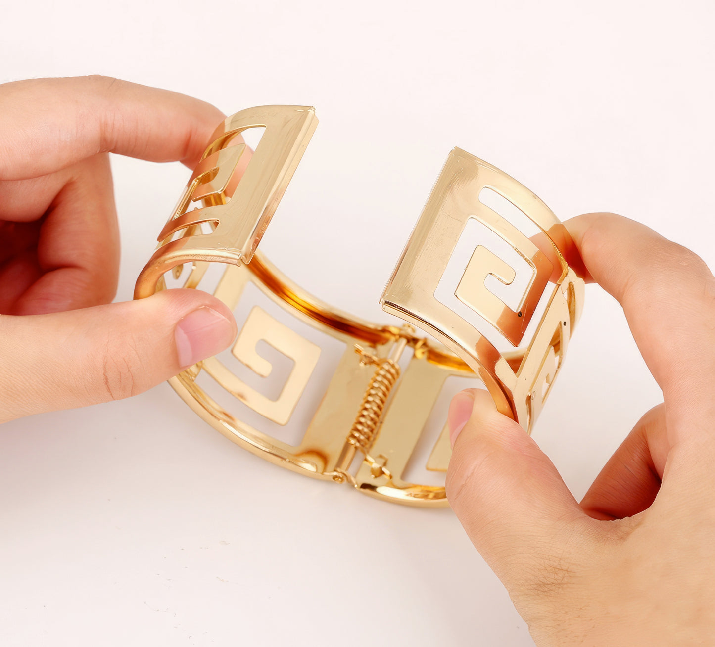 Greek Key Cuff  Bracelet with Spring Closure in Gold