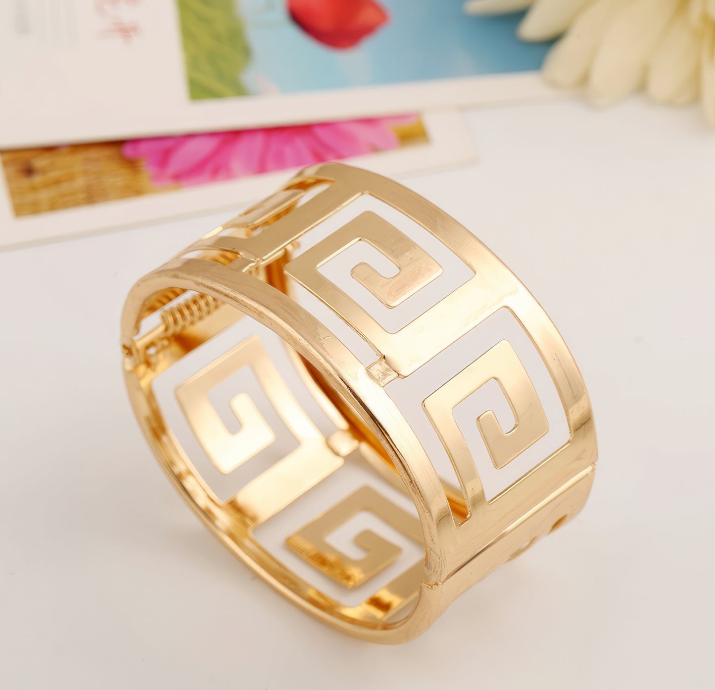 Greek Key Cuff  Bracelet with Spring Closure in Gold