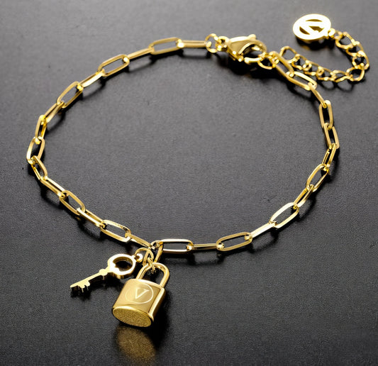 Stainless Steel V Letter Lock Key Bracelet in Gold