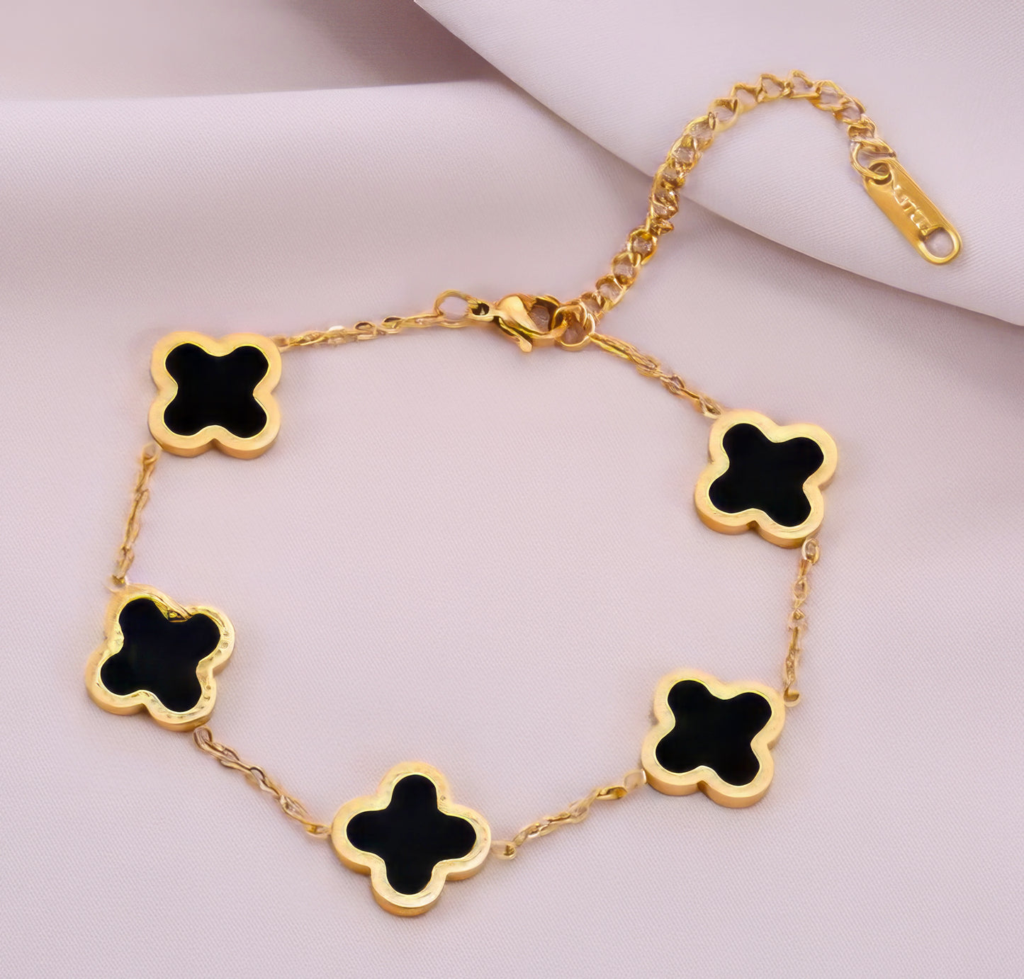 Designer Clover Enamel Bracelet in Gold and Black