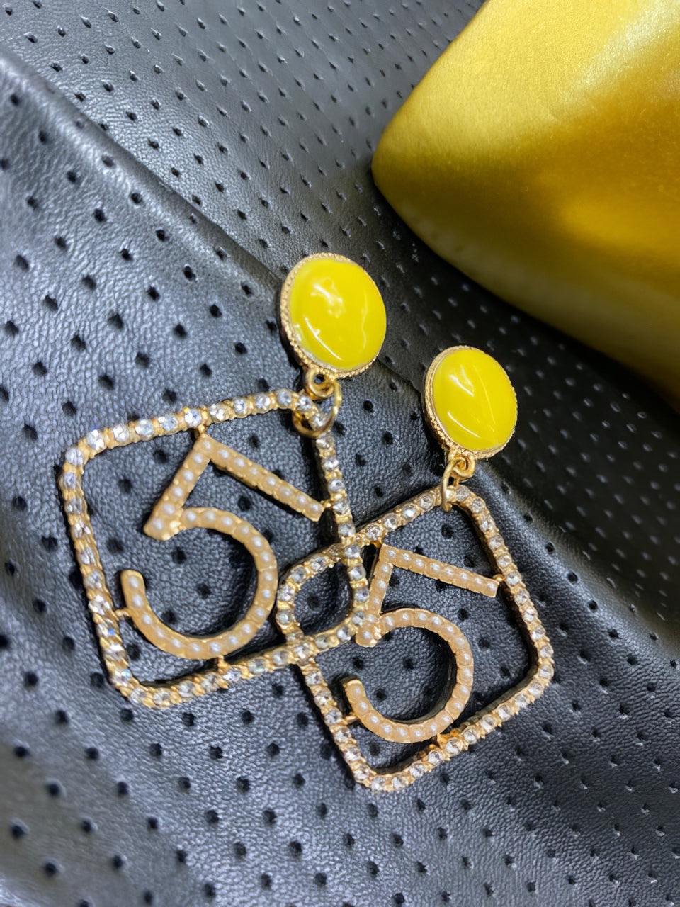 No 5 Drop Earrings with Crystal Accents in Gold and Canary